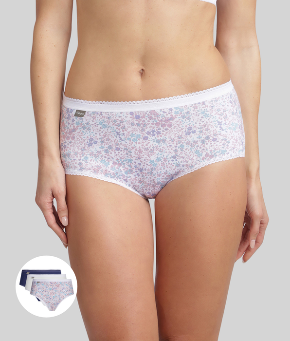 Playtex® Pack of 3 midi knickers in cobalt blue, white and pastel floral print Cotton Stretch