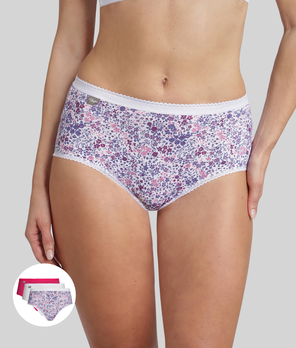 Playtex® Pack of 3 midi knickers in hibiscus, white and purple floral print Cotton Stretch