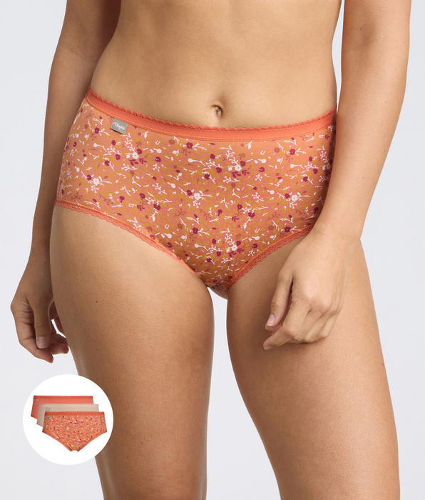 Playtex® Pack of 3 midi knickers in orange, beige and orange floral print Cotton Stretch