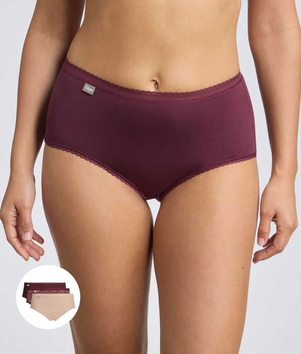 Playtex® Pack of 3 midi knickers in dark purple, beige and dark purple floral print Cotton Stretch