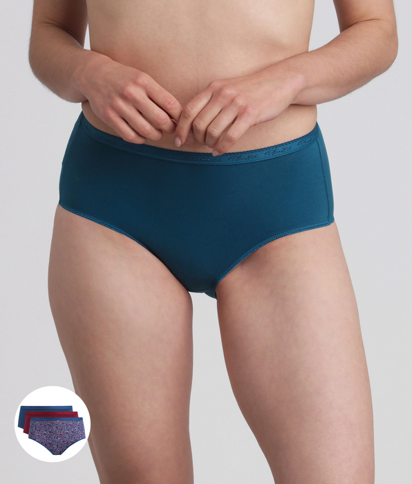 Playtex® Pack of 3 midi knickers in black cherry, Magical forest and Green velvet Organic Cotton