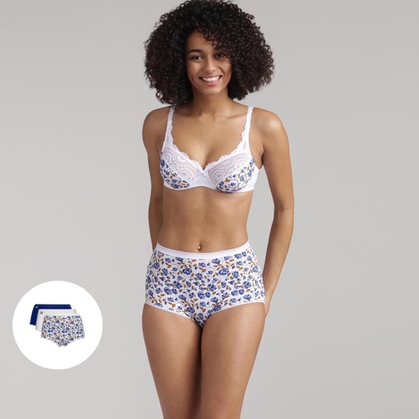3 pack of high waist knickers in floral print, white, sapphire blue - Stretch Cotton, , PLAYTEX